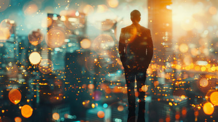 Rear view of businessman standing with his hands in pockets and looking at city with double exposure of network hologram. Concept of hi tech in business.の素材