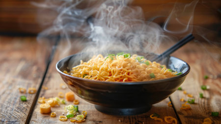 Noodles with steam and smoke in bowl on wooden background, selective focus. Asian meal on a table, junk food conceptの素材