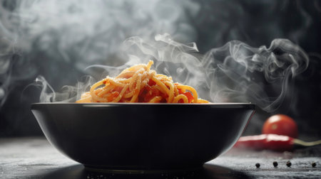 Pasta, spaghetti with tomato sauce in black bowl. Grey stone background., on dark Background with smoke and steam, view.の素材