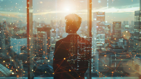 Rear view of young businessman looking at modern city from panoramic office window with double exposure of network interface.の素材