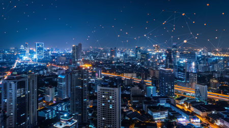 Smart network and Connection technology concept with Bangkok city background at night in Thailand, Panorama viewの素材