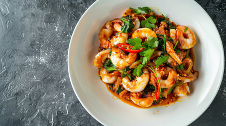 Stir Fried Squid with Curry Powder in white plate ,(pla muk pad pong karee),Thai Food.Top viewの素材