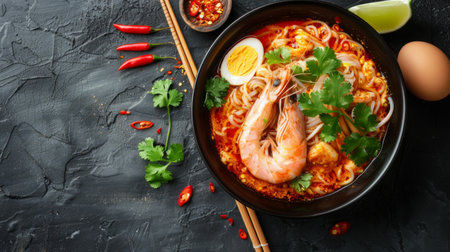 Tom Yam Tom Yum Kung with noodles, arranged with shrimp Peat, steam, heat and eggs and coriander Chopsticks on the side - Thai food conceptの素材