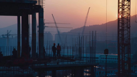 Workers are working on large construction sites and many cranes are working in the construction industry.の素材