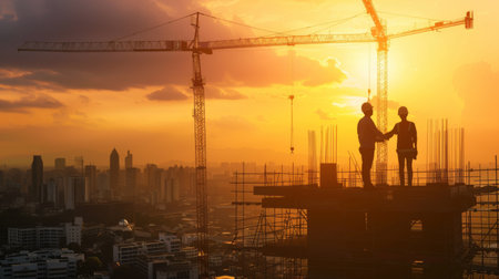 Structural engineer and architect working with building crane transfer control at the outdoors construction site.の素材