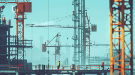 Workers are working on large construction sites and many cranes are working in the construction industry.の素材