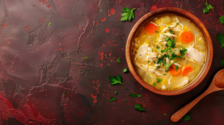 top view chicken soup in wooden bowl with handle on dark red background with free spaceの素材