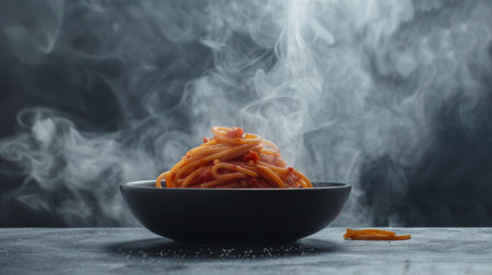 Pasta, spaghetti with tomato sauce in black bowl. Grey stone background., on dark Background with smoke and steam, view.の素材