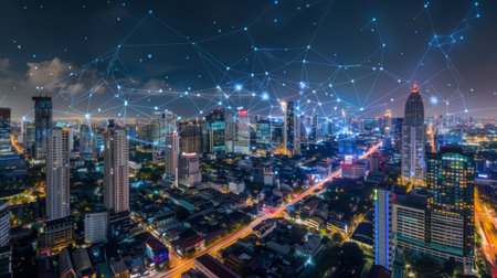 Smart network and Connection technology concept with Bangkok city background at night in Thailand, Panorama viewの素材