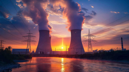 Power plant zone generating electricity at sunset- imagesの素材