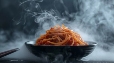 Pasta, spaghetti with tomato sauce in black bowl. Grey stone background., on dark Background with smoke and steam, view. Selective Focus at the front.hot foodの素材
