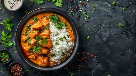 Indian butter chicken curry with basmati rice on dark background. Traditional homemade food concept. Top view, copy spaceの素材
