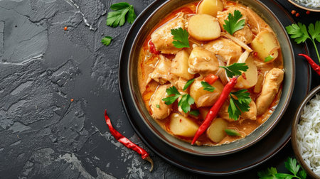 Massaman Curry with Chicken and Potatoes with cooked rice in a plateの素材