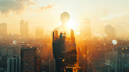 The double exposure image of the businessman standing back during sunrise overlay with cityscape image. The concept of modern life, business, city life and internet of things.の素材