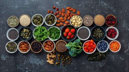Superfoods Assortment on Dark grey Surface, Variety of healthy superfoods, nuts, seeds, fruits, and greensの素材