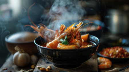 Tom Yum Kung" with steam and smoke in bowl on old kitchen table. Prawn soup is popular and famous food, I'ts delicious amazing taste hot and spicy,Instant Noodles, Pasta,の素材