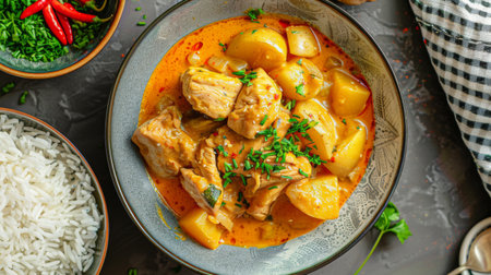 Massaman Curry with Chicken and Potatoes with cooked rice in a plateの素材