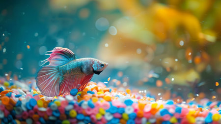 A Betta fish resting on a bed of colorful gravel, its serene posture and vibrant colors creating a captivating focal point in any aquarium.の素材