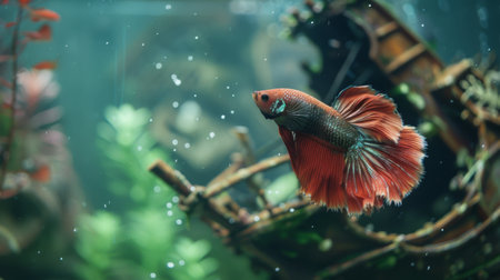 A Betta fish exploring a decorative shipwreck ornament in its aquarium, its curious nature adding a sense of adventure to its underwater world.の素材