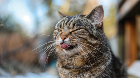 A close-up of a plump cat licking its lips after a satisfying meal, its round belly evidence of its love for food and relaxation.の素材