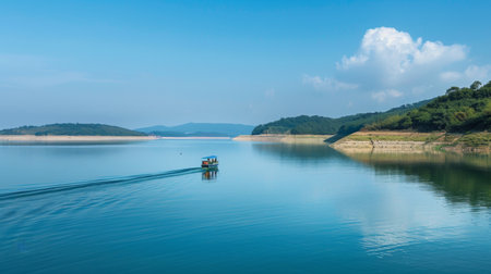 A boat sailing on the calm waters of a reservoir formed by a dam, leisure seekers enjoying recreational activities in the scenic expanse.の素材