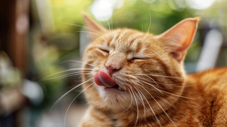 A close-up of a plump cat licking its lips after a satisfying meal, its round belly evidence of its love for food and relaxation.の素材