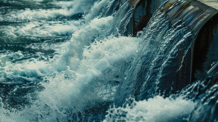 A close-up of spillway gates opening to release water from a dam, preventing overflow and maintaining controlled water levels downstream.の素材