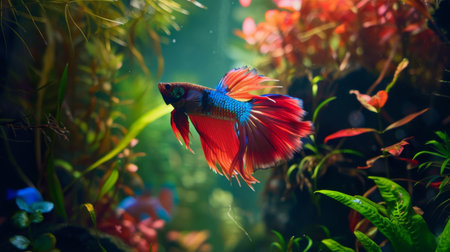 A Betta fish gracefully gliding through a tank filled with lush aquatic plants, its vivid colors contrasting beautifully with the greenery.の素材