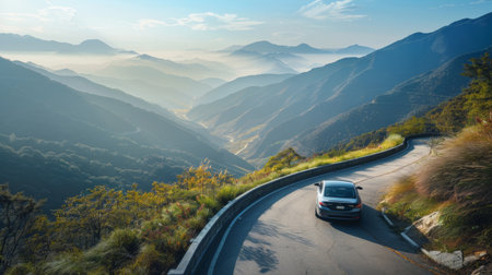 A car parked at a scenic overlook on a mountain road, the panoramic view of the valley below stretching out before it.の素材