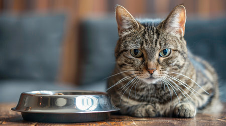 A chubby cat sitting next to an empty food bowl, its disappointed expression and pleading eyes silently begging for a refill.の素材
