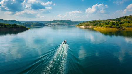 A boat sailing on the calm waters of a reservoir formed by a dam, leisure seekers enjoying recreational activities in the scenic expanse.の素材