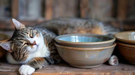 A chubby cat lounging next to a pile of empty food bowls, its contented demeanor revealing its penchant for hearty meals.の素材