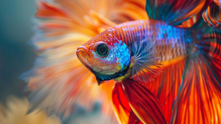 A close-up of a Betta fish displaying its vibrant colors and intricate fin patterns, captivating viewers with its natural beauty.の素材