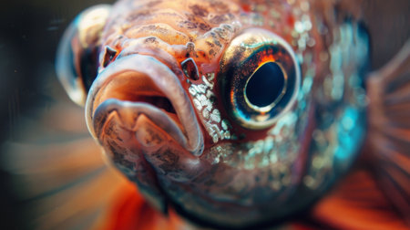 A close-up of a Betta fish's expressive eyes, capturing the intelligence and curiosity that make these creatures such captivating companions.の素材