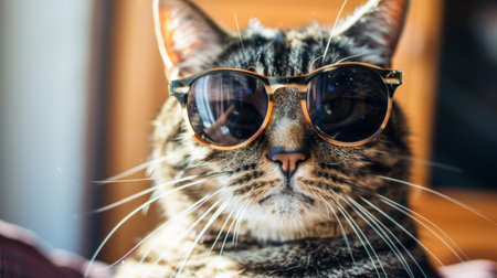A close up cat wearing sunglasses They are cool glasses that create fashion and help make them creative. That makes funny , cats are cute animals and pets.の素材
