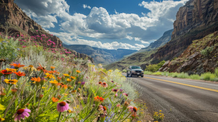 A car driving along a mountain road lined with blooming wildflowers, adding bursts of color to the rugged landscape.の素材