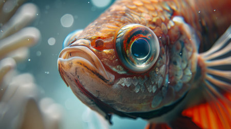 A close-up of a Betta fish's expressive eyes, capturing the intelligence and curiosity that make these creatures such captivating companions.の素材