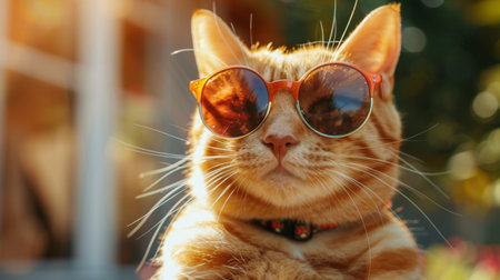 A close up cat wearing sunglasses They are cool glasses that create fashion and help make them creative. That makes funny , cats are cute animals and pets.の素材