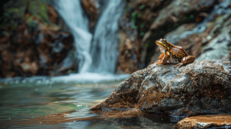 A frog perched on a rock at the edge of a waterfall, its resilient spirit and adventurous nature symbolizing the beauty of life in the wild.の素材
