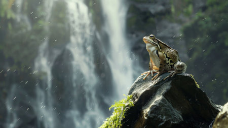 A frog perched on a rock at the edge of a waterfall, its resilient spirit and adventurous nature symbolizing the beauty of life in the wild.の素材