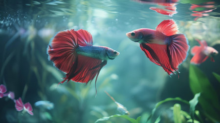 A pair of Betta fish in a tranquil aquatic scene, their serene presence adding a touch of tranquility to any environment.の素材