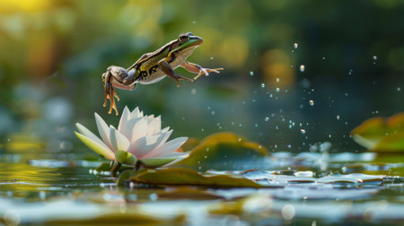 A frog leaping gracefully from one lily pad to another, its powerful legs propelling it through the air with effortless grace.の素材