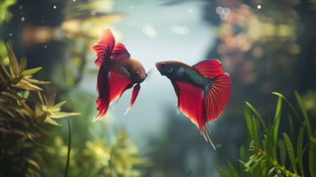 A pair of Betta fish in a tranquil aquatic scene, their serene presence adding a touch of tranquility to any environment.の素材