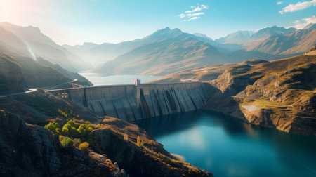 A majestic dam standing tall against a backdrop of mountains, its reservoir glistening in the sunlight, a symbol of human engineering prowess.の素材