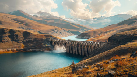 A majestic dam standing tall against a backdrop of mountains, its reservoir glistening in the sunlight, a symbol of human engineering prowess.の素材
