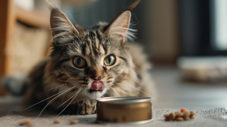A plump cat licking its lips with anticipation as it eyes a can of wet food being opened, its hunger driving its every move.の素材