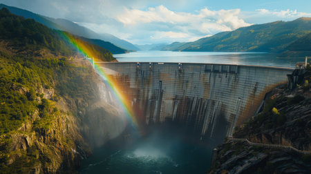 A rainbow arching over a dam and its reservoir after a rainfall, a colorful reminder of the symbiotic relationship between water and nature.の素材