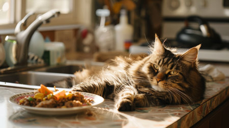 A rotund cat lounging on a kitchen counter, its gaze fixed on a plate of leftovers as it plans its next culinary conquest.の素材