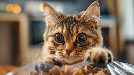 A plump cat pawing at a bag of treats, its persistence and determination evident as it tries to open the bag and access its favorite snacks.の素材