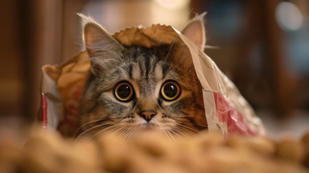 A round-bellied cat peeking out from behind a half-eaten bag of treats, its guilty expression revealing its secret snacking habits.の素材